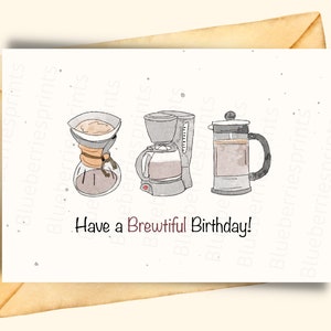 Cartão de aniversário para amantes de café, cartão de aniversário instantâneo para impressão, cartão para viciado em café, cartões de felicitações em aquarela, cartão de café feito à mão
