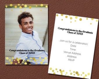 May include: A graduation invitation with a gold confetti design. The invitation reads "Congratulations to the Graduate Class of 2023".