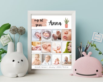 May include: A white frame with a collage of photos of a baby girl named Anna. The photos show her at different ages, from newborn to sitting up. The frame also includes the text "my 1st year" and "Anna B. Hanson | January 1, 2022 | 7 lb 2 oz".
