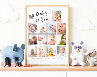 May include: A white photo collage with a wooden frame, featuring a baby's first year photos. The title reads "Baby's 1st Year" with a heart graphic. The collage includes 12 photos of the baby at different ages, and the text "Anna B. Hanson | January 1, 2022 | 7 lb 2 oz" is at the bottom.