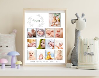 May include: A white framed collage of photos of a baby girl named Anna. The photos show her at different ages, from newborn to one year old. The collage also includes the text "Anna" in a floral wreath, the text "one" in a pink and green balloon background, and the text "Anna B. Hanson | January 1, 2022 | 7 lb 2 oz".