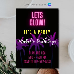 Modèle d&#39;Invitation d&#39;anniversaire néon, téléchargement immédiat Invitation fête lueur, néon rose Let&#39;s Glow anniversaire inviter Evite