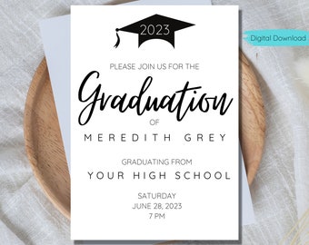 May include: A white graduation announcement with a black graduation cap and the year 2023. The announcement says "Please join us for the Graduation of Meredith Grey, Graduating from Your High School, Saturday, June 28, 2023, 7 PM."