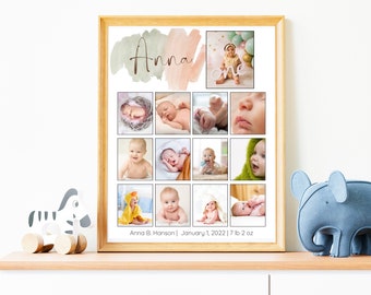 May include: A collage of photos of a baby girl named Anna, celebrating her first birthday. The photos show her at different ages, from newborn to one year old. The collage is decorated with a watercolor background and the text "Anna one". The text at the bottom of the collage reads "Anna B. Hanson | January 1, 2022 | 7 lb 2 oz".