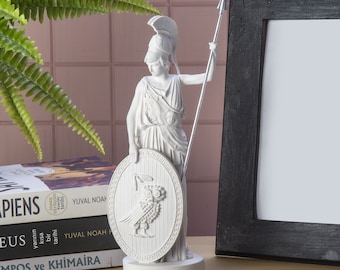 Athena Statue Standing with Spear and Shield, Greek Goddess of Wisdom