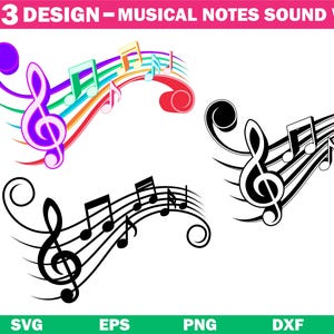 Puede incluir: Tres diseños musicales con claves de sol y notas musicales. Un diseño es colorido con un arcoíris de notas, mientras que los otros dos son en blanco y negro. La imagen incluye el texto "3 DESIGN - MUSICAL NOTES SOUND WAVES" y opciones de tipo de archivo.