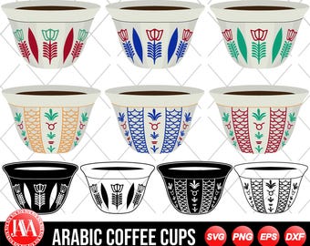 Ensemble de tasses à café arabes (SVG), ensemble de tasses à café libanaises (PNG), clipart de tasses à café arabes, tasses à café arabes traditionnelles (vecteur PNG, EPS, PDF)