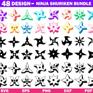 May include: A collection of 48 ninja shuriken designs in various colors and black and white. The designs include star and blade shapes. The image includes the text "48 DESIGN - NINJA SHURIKEN BUNDLE" and file type abbreviations.