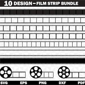 Könnte beinhalten: Ein schwarz-weißes Grafikpaket mit 10 Filmstreifen-Designs. Die Designs umfassen verschiedene Filmstreifenstile und Filmrollen. Der Text "10 DESIGN - FILM STRIP BUNDLE" befindet sich oben, mit Dateityp-Bezeichnungen unten.