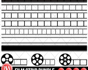 Może przedstawiać: Kolekcja czarno-białych grafik taśm filmowych o różnej liczbie klatek i stylach, w tym trzy okrągłe szpule filmowe z dołączonymi taśmami oraz tekst "FILM STRIP BUNDLE" z etykietami "SVG", "PNG", "EPS" i "DXF".