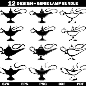 Peut inclure: Graphique noir et blanc présentant douze modèles de lampes de génie. Les lampes ont des becs incurvés et des poignées ornées. Le texte "12 DESIGN - GENIE LAMP BUNDLE" est en haut. Les types de fichiers incluent SVG, EPS, PNG et DXF.
