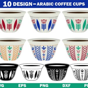 Op de afbeelding: Tien ontwerpen van Arabische koffiekopjes worden getoond, elk gevuld met koffie. De kopjes zijn wit met kleurrijke bloemen- en geometrische patronen in rood, blauw, groen en oranje. De onderste rij toont de kopjesontwerpen in zwart en wit.