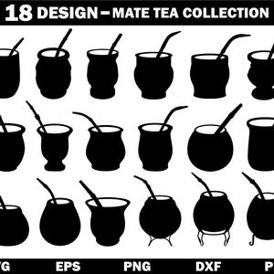 Peut inclure: Image présentant 18 designs noirs de silhouettes de tasses à maté avec des pailles. L'image comprend différentes formes et tailles de tasses à maté, chacune avec une paille. Le texte en haut indique "18 DESIGN - MATE TEA COLLECTION". Le texte en bas comprend "SVG EPS PNG DXF PDF".