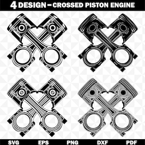 Puede incluir: Gráfico en blanco y negro con cuatro diseños de motores de pistones cruzados. El texto "4 DESIGN - CROSSED PISTON ENGINE" está en la parte superior. La parte inferior de la imagen muestra los tipos de archivo: SVG, EPS, PNG, DXF y PDF.