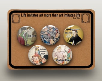 Funny Medieval Art Meme Badge Button Pins | Set of 5 x 32mm badges | I'm Fine Meme Gift | Medieval Art | Stoic Joke | Art History Gift |