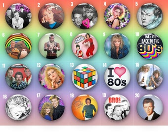 80's Pin Badge Button | 80 to choose from! | 80s Music | Bands | TV | 80s Retro Gift | 80s Party Costume | 80's Decade | Retro | Nostalgia |