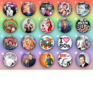 80's Pin Badge Button | 80 to choose from! | 80s Music | Bands | TV | 80s Retro Gift | 80s Party Costume | 80's Decade | Retro | Nostalgia |