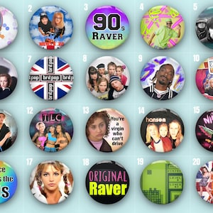 90's Pin Badges | Retro Gift | Music | Bands | TV | Party Costume | 1990s Decade | Nostalgia | Raver | Gift for Gen X'er | Buttons |
