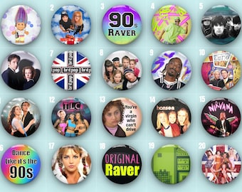 90's Pin Badge Buttons, 90s Party Pins - 80 to choose from!