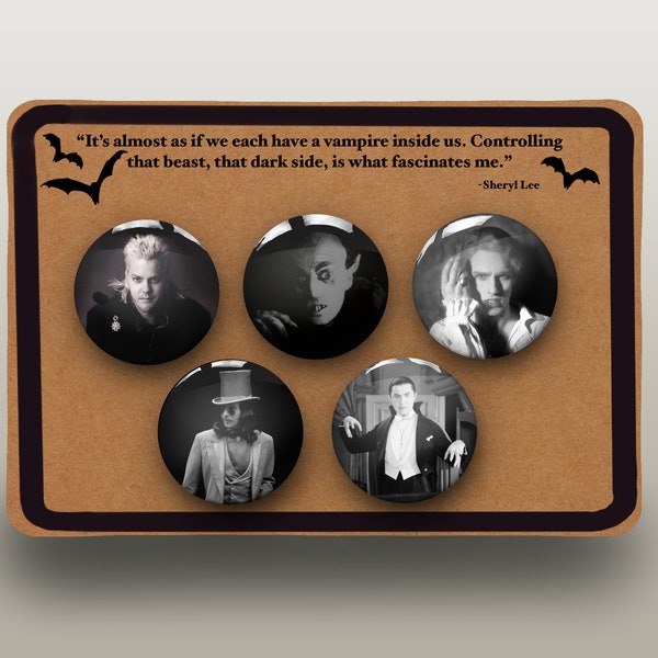 Vampire Movie Icons Badge Button Pins | David Lost Boys | Lestat | Bram Stoker's Dracula | Nosferatu | Prince of Darkeness | Halloween Gift