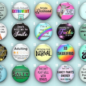 Cheeky, sarcastic and silly pin badge buttons