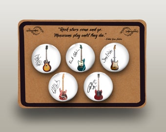 Guitar Icons Pin Badges | Guitar Strap Case | Tote Bag | 32mm Buttons | Player | Rock Fan | Music | Gutarist | Gift Idea | Rock Gods |