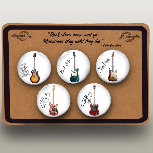 Icônes de guitare Pin Badges | Étui à sangle de guitare | Sac fourre-tout | Boutons 32 mm | Joueur | Fan de rock | Musique | Gutariste | Idée cadeau | Dieux du rock |