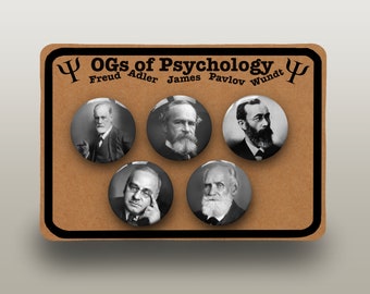 OGs of Psychology badge button pin - Set of 5 badges featuring 5 iconic psychology dudes:  Freud, Adler, Pavlov, Wundt and James