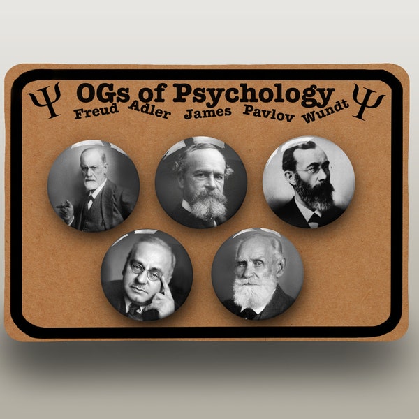 Épingle à bouton badge OGs of Psychology - Ensemble de 5 badges mettant en vedette 5 mecs emblématiques de la psychologie : Freud, Adler, Pavlov, Wundt et James