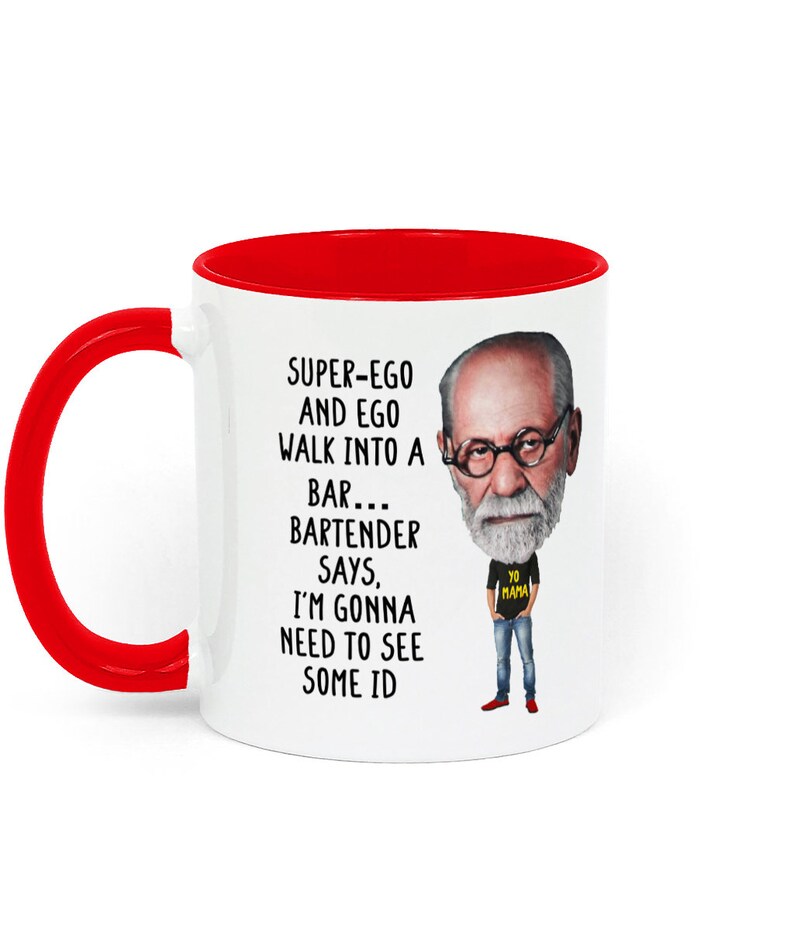 Taza de regalo con temática de psicología, con un chiste sobre Freud, ideal para estudiantes de psicología, profesores, terapeutas y aficionados a la psicología. White / Red