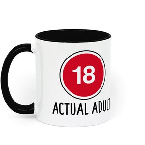 Tasse zum 18. Geburtstag | Lustige Geschenkidee | Tatsächlicher Erwachsener | Scherz | Erwachsen | Party | Kaffee | Zertifikat 18 | Cert 18 Logo | Sohn Tochter Geschenk