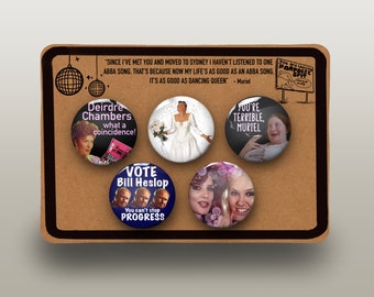 Muriel's Wedding Badge Pin Button Pack - Featuring Muriel, Bill Heslop, Dierdre Chambers and Joanie Heslop