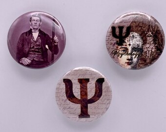 Badges bouton d’épingle de psychologie | style vintage | Phinéas Gage | Symbole de psychologie Psi | Cerveau d'anatomie vintage | Professeur étudiant en psychologie