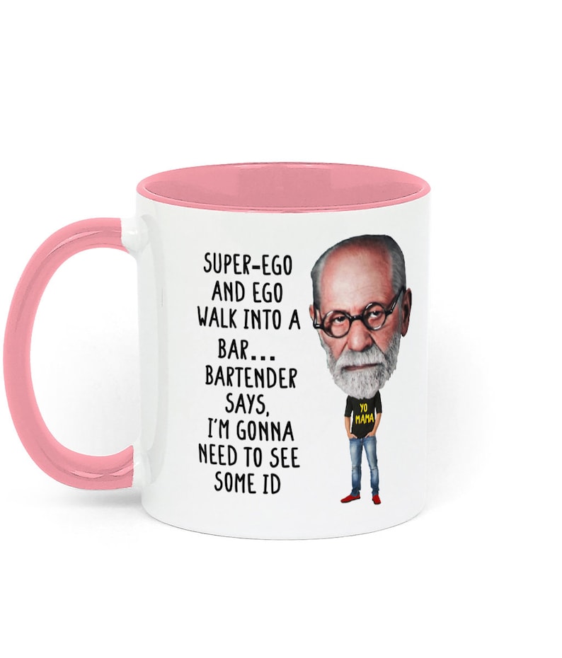 Taza de regalo con temática de psicología, con un chiste sobre Freud, ideal para estudiantes de psicología, profesores, terapeutas y aficionados a la psicología. White / Pink