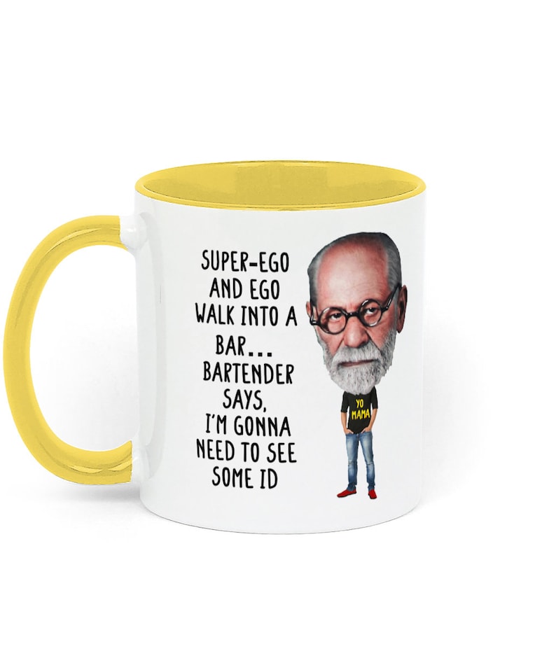 Taza de regalo con temática de psicología, con un chiste sobre Freud, ideal para estudiantes de psicología, profesores, terapeutas y aficionados a la psicología. White / Golden Yellow