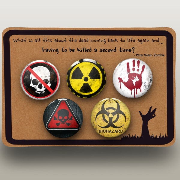 Zombie Pin Abzeichen | 5er-Set | Untot | Fan Cosplay Geschenk | Infiziert | Überleben | Wandelnde Morgenröte | Kostüm | 32mm Handgefertigt