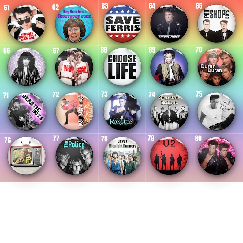 80's Pin Badge Button 80 to choose from 80s Music Bands TV 80s Retro Gift 80s Party Costume 80's Decade Retro Nostalgia zdjęcie 4