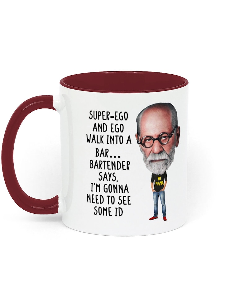 Taza de regalo con temática de psicología, con un chiste sobre Freud, ideal para estudiantes de psicología, profesores, terapeutas y aficionados a la psicología. White / Bordeaux Red