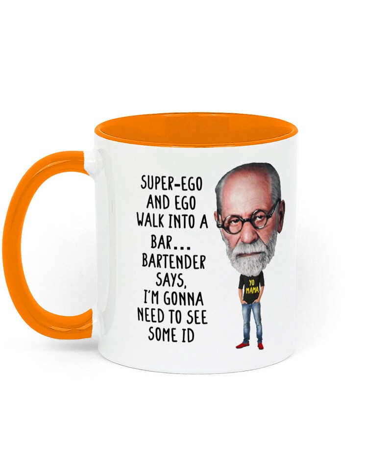Taza de regalo con temática de psicología, con un chiste sobre Freud, ideal para estudiantes de psicología, profesores, terapeutas y aficionados a la psicología. White / Orange