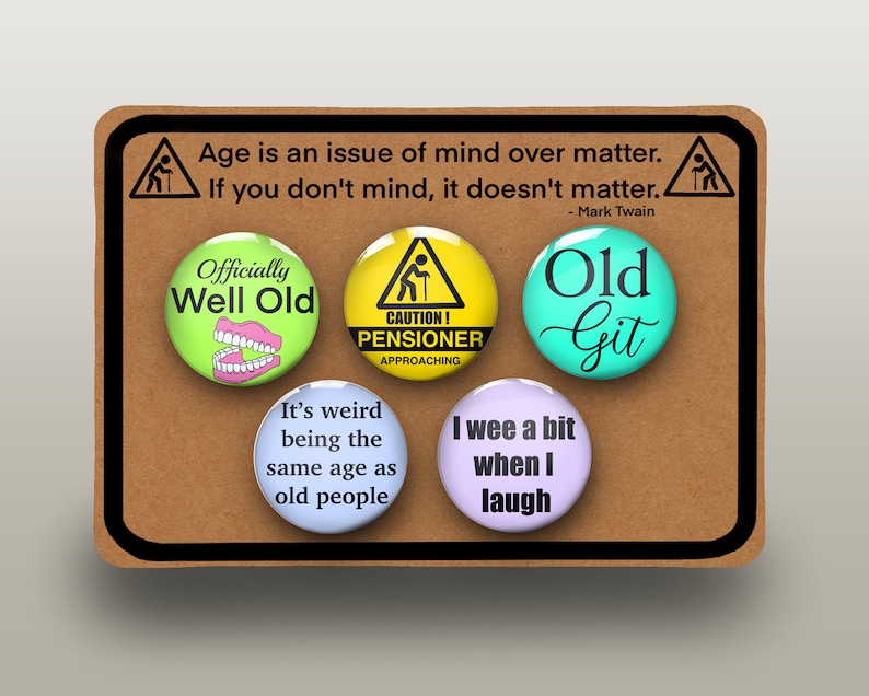 Pensioner Pin Badge Set of 5, Funny Joke Retirement Gift, or fun 60th, 70th, 75th Birthday Present image 1
