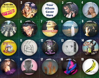 Albumhoes pin-badges | Aangepast ontwerp of kant-en-klaar | Elke albumhoes | Muziekband pin knoppen | Hoge kwaliteit | Snelle levering | 32 mm / 1,25 "