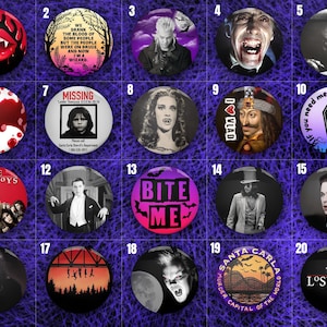 May include: Twenty colorful round buttons with various images and text. The buttons feature themes of vampires, horror movies, and Halloween. Some of the text includes "The Lost Boys", "Bite Me", "I Vlad", and "Santa Carla Murder Capital of the World".