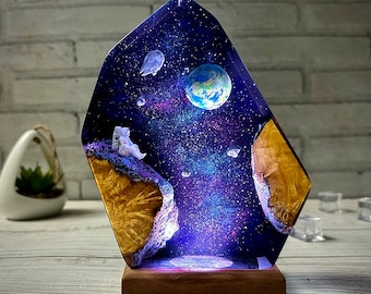 Lámpara epoxi interestelar, luz nocturna espacial cósmica, luces nocturnas espaciales, lámpara de galaxia espacial de resina y madera, regalo para ella, regalo de Halloween, regalo de invierno