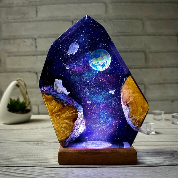 Interstellar Epoxy Lamp,Cosmic space night light,Space Night Lights,Resin and Wood Space Galaxy Lamp,Gift for her,Halloween gift,Winter Gift