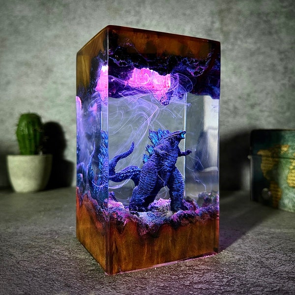 Go.dzi.lla monster resin lamp,Custom Epoxy Resin Lamp, Desktop Decorations,Resin Wood Art Lamp,gift for gamer,Personalized Diorama Gift