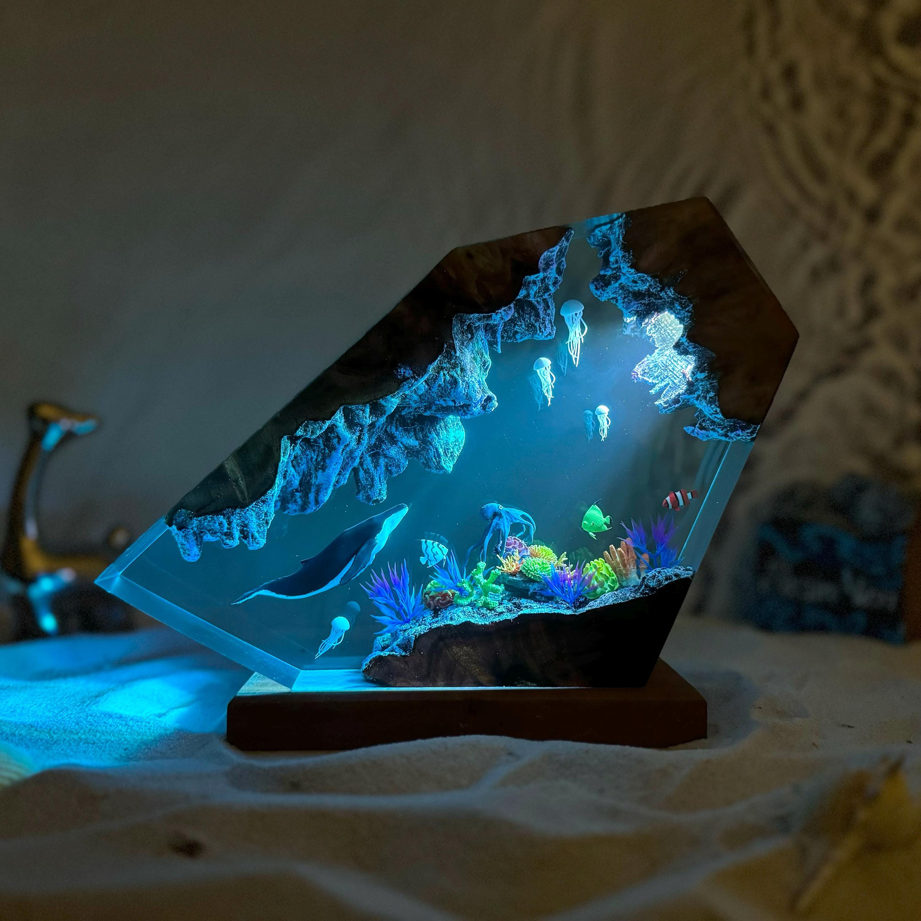 Humpback Whale and Jellyfish Resin Night Light, Unique Handmade