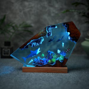 Shark and diver resin wood lamp,Epoxy Resin Ocean Lamp,table lamp,art decor,gift for lover,Christmas gift,handmade gift for mom,Kids gift