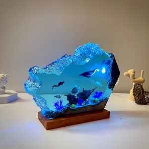 Epoxy resin wood lamp,Humpback whale and turtle night light,Scuba diving night light,Christmas gift for him,Unique summer gift,home decor