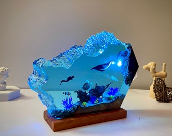 Epoxy resin wood lamp,Humpback whale and turtle night light,Scuba diving night light,Christmas gift for him,Unique summer gift,home decor