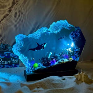 Orca Whale and turtle resin wood lamp ,Killer whale resin lamp,handmade furniture,Epoxy and Wooden Night Lights,Gift for dad,birthday gifts